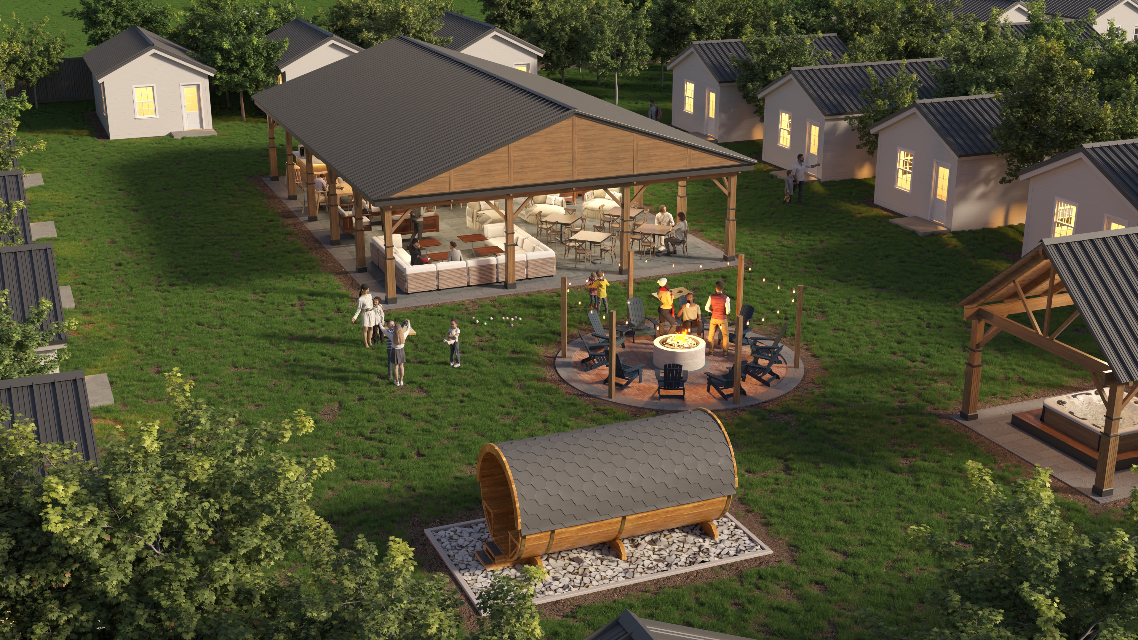 Cabin exterior render with warm wood and large windows